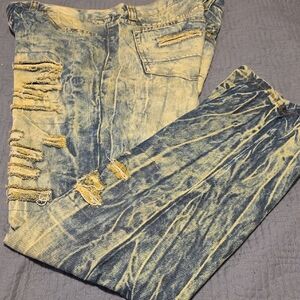 Distressed Blue and Yellow Men Jeans